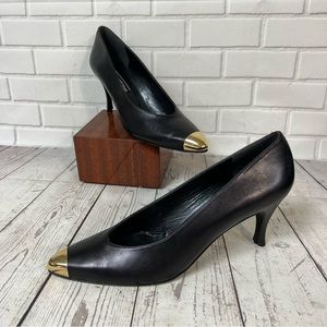 Stuart Weitzman Vintage Heels Black Gold Cap Toe Size 9 SS Narrow Leather READ